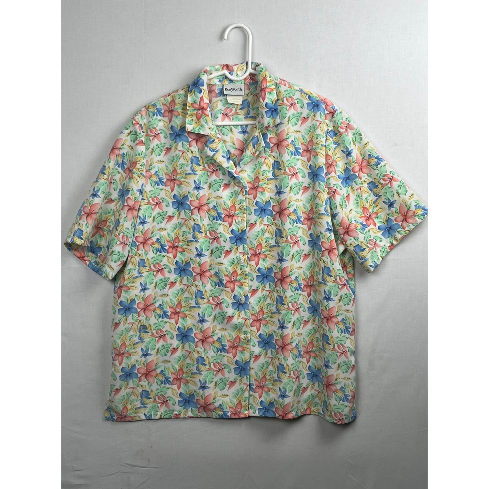 BonWorth Floral Button Up Blouse Short Sleeve Tropical Print Size L Multicolor